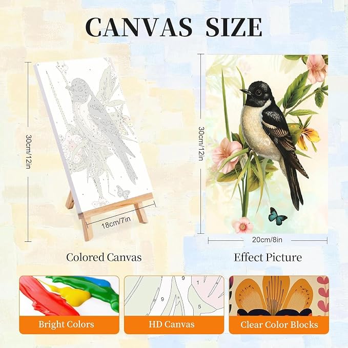 LWZAYS 4 Pack Bird Paint by Numbers Kit for Adults with Frame, Vintage Paint by Number for Adults Beginner with Wooden Easel, DIY Painting by Numbers Canvas Framed for Home Decor 8 x 12 Inch