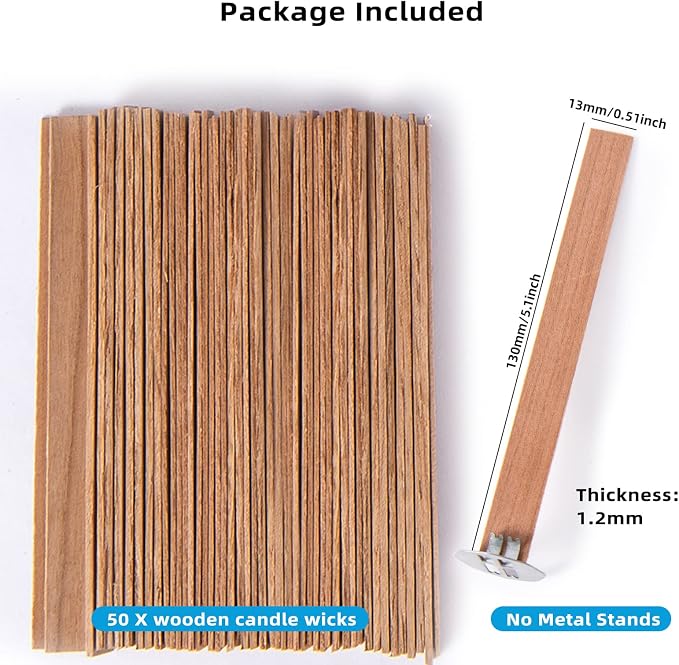 Ziosxin 50 Pieces Thicken Smokeless Cherry Wood Candle Wicks - Long Lasting Flame - Easily Burn(Without Base and Glue Point), Candle Wick H*W*D(5.1"*0.5"*0.04"/13 * 1.3 * 0.12cm)