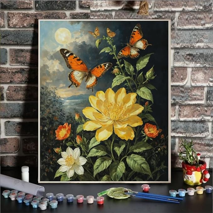 ldazao Butterfly Paint By Numbers Kit for Adults Flower Adult Paint By Number Kits Adults' Paint-By-Number Kits Canvas Painting Kit for Beginner Oil Painting Kits for Gift Home Wall Decor 16x20 Inch