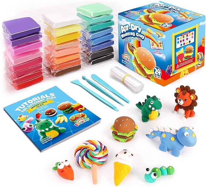 Sago Brothers 24 Colors Air Dry Clay for Kids with 3 Tools & Tutorial Book | Modeling Clay Kit Toys, No-Bake No Mess Magic Clay Crafts, Christmas Birthday Gifts for Kids Girls Boys