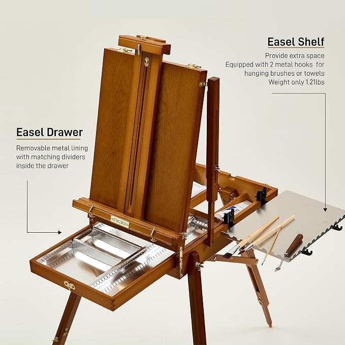 ATWORTH French Easel for Painting, Deluxe Beech Wooden Field & Studio Sketchbox Easel Stand with Metal Side Tray, Portable& Easy Transport for Painting Outdoor, Holds Canvas up to 34"- Light Walnut