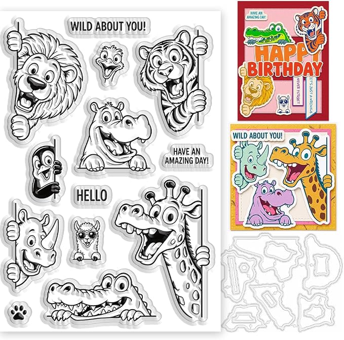 Card Making Stamps and Cutting Dies Set(Funny Animals Pattern) | Durable Silicone Stamps and High - Quality Carbon Steel Dies for Card Making, Photo Albums and Diary Decoration