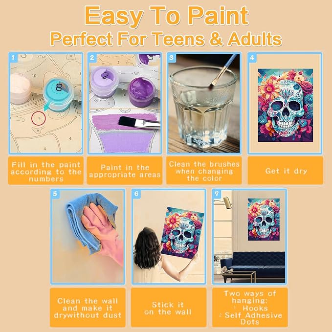 Meothan Framed Paint by Numbers Kits for Adults 12x16in with Wooden Easel | Skull Paint by Number on Canvas, DIY Skull Flowers Acrylic Oil Painting Kits with Brushes for Home Wall Decor (30x40cm)