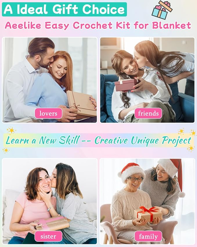 Aeelike Crochet Blanket Kit for Beginners,Rainbow Granny Square,Easy Start