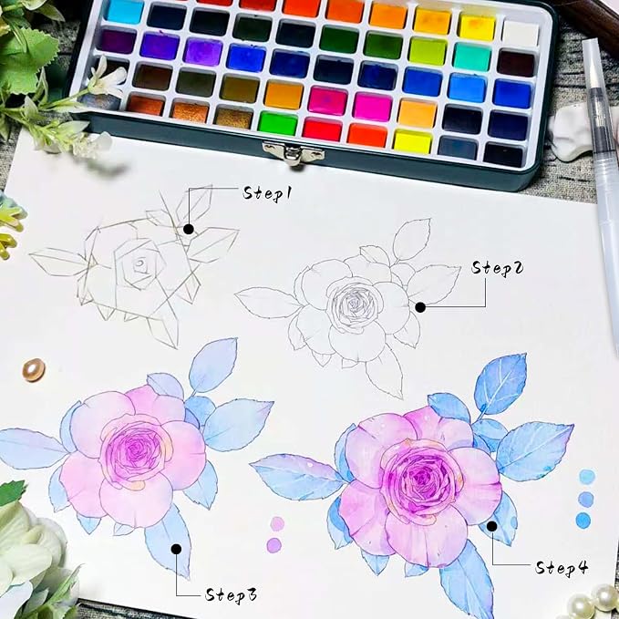Artecho 168-Color Watercolor Paint Set with Metallics, Tin Case | 168 Colors: 84 Classic, 48 Metallic, 24 Pastel & 12 Fluorescent; Watercolor Pad, 3 Water Brushes and Art Tools Included