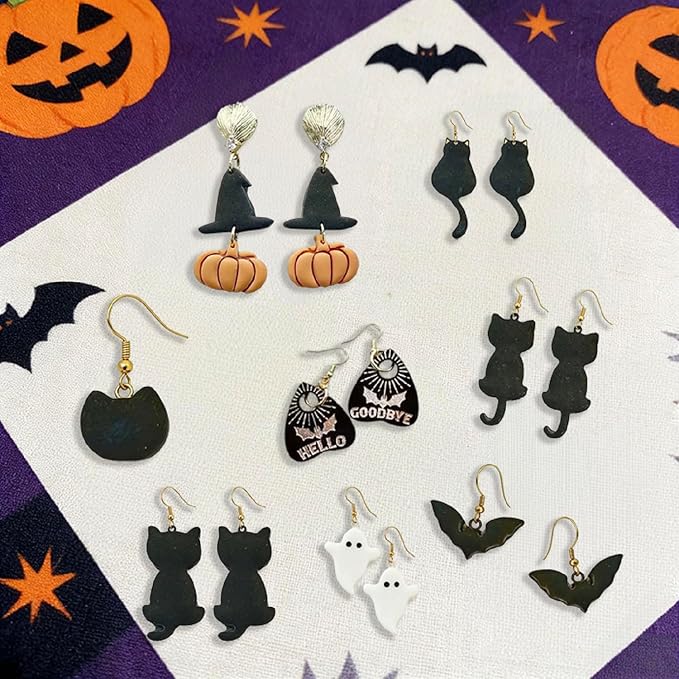 12 Pcs Halloween Black Cat & Spooky Shape Polymer Clay Cutters Set - Earring Making Imprint Cutters, Fit Gift for Friends, Sisters & Minimalist Style Lovers