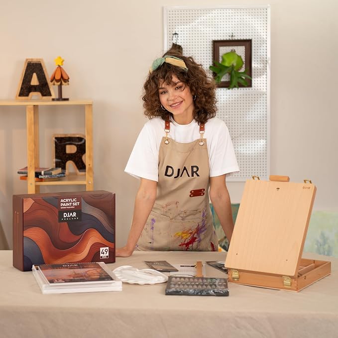 DJAR 49 Pcs Acrylic Paint Set with Tabletop Easel & Canvas, 24 Colors | Complete Art Supplies Kit with Canvas Panels, Brushes and Painting Pads, Painting Set for Kids, Beginners, Adults and artists