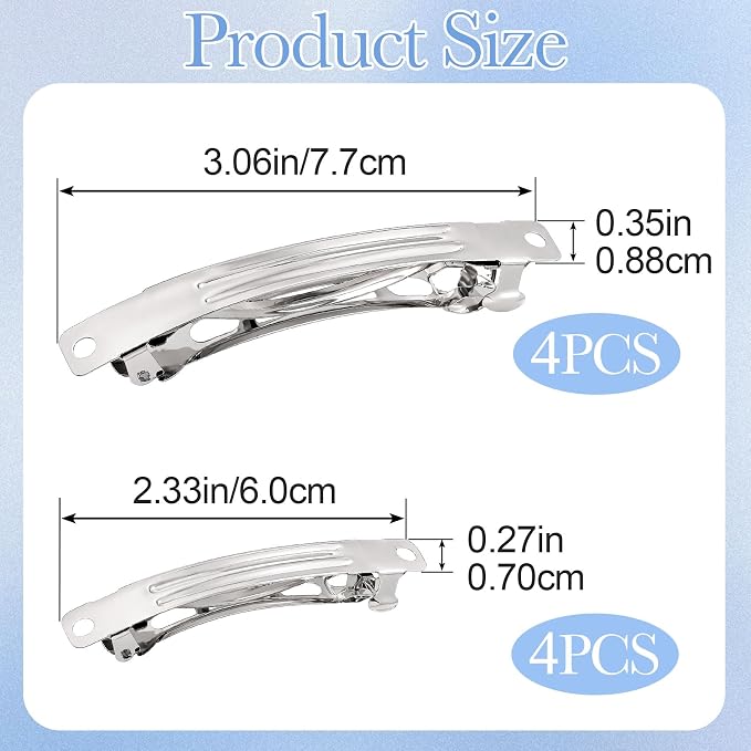 8pcs Blank French Barrette Hair Clips, 2 Sizes Metal Spring Snap Clips, Hair Styling Accessories for DIY Crafts for Women Daily Wear -Silver, 6cm, 8cm