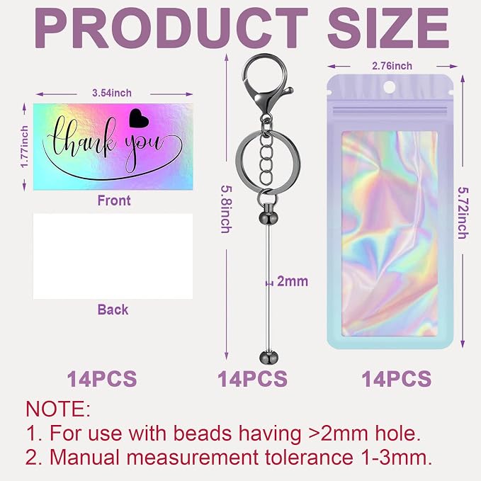 42/84/126 Pcs Beadable Keychain Bars Bulk Blank DIY Beaded Keychain Making Supplies with Bag Thank You Card