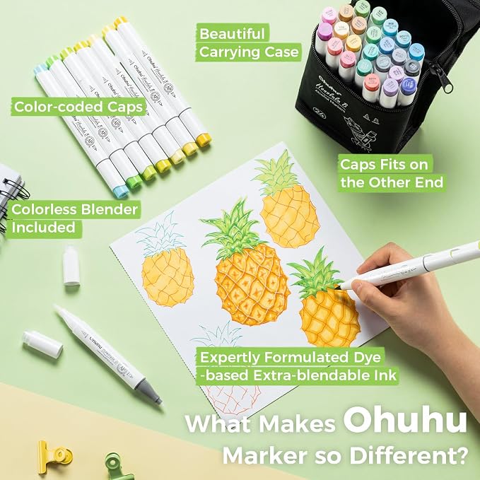 Ohuhu Alcohol Markers Brush& Fine 24 Colors for Adult Coloring AP Certified