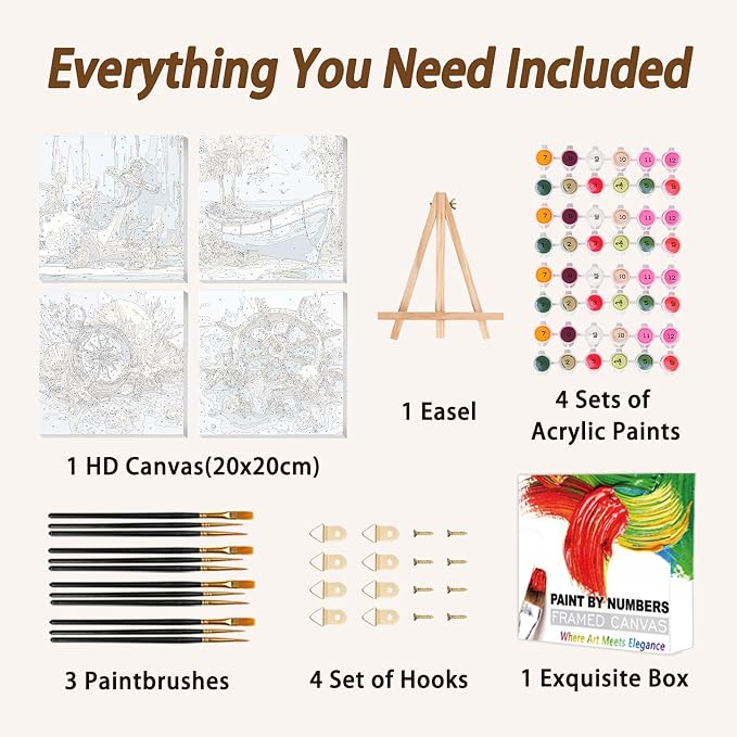 AUKELHJ 4 Pack Framed Paint by Numbers Kit for Adults, Beach, 8x8 inch