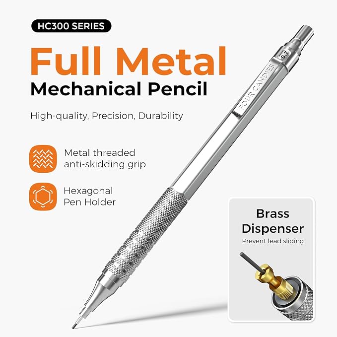 4PCS Metal Mechanical Pencil Set, 0.5mm+0.7mm, Storage Case, Black＆Silver