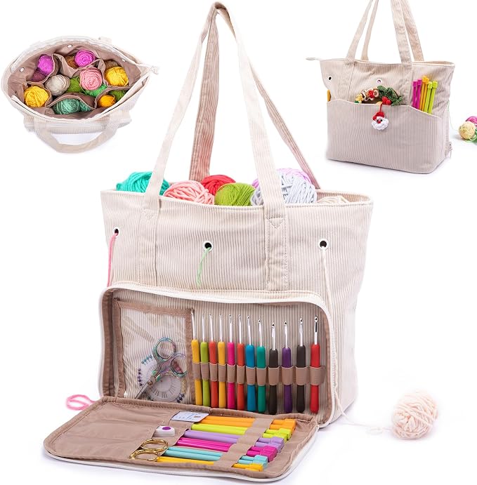 MYBAGZING Large Corduroy Yarn Bag - Tote for Crochet Hooks & Accessories - Knitting Storage Bag