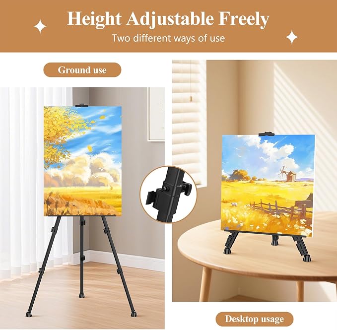 Art Painting Tripod Easel Stands, Portable Adjustable Display Artist Easels | Black Metal Stands with 3 Bags for Tabletop/Floor Painting, Height from 17 to 66 inches for Drawing, Displaying - 3 pack