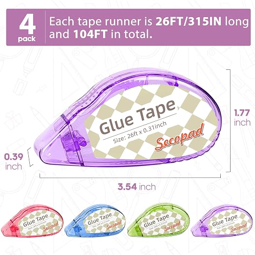 Secopad Scrapbook Tape, Glue Tape for Crafts, 4 Pack, Clear Colored Shell | 0.3IN x 26FT, Sticky & Safe, Double Sided Tape for Crafts, Scrapbooking Junk Journaling Supplies, For School Office Teachers
