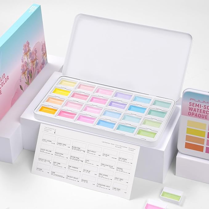 Fuumuui CREAMORA Watercolor Paint Set 24 Colors Opaque Semi-Solid - Muted Cream Dreamy Macaron Tone for Soft Gradient, Professional Art Supplies for Adult Artists & Beginners Painting Sketching