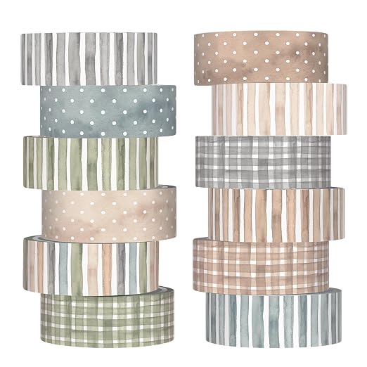 12 Rolls Floral Washi Tape Set,Watercolor,Stripes and Plaid | Watercolor Flowers Design for Scrapbook Journal DIY Craft School Supplies, 15 mm Vintage Decorative Masking Washi Tapes