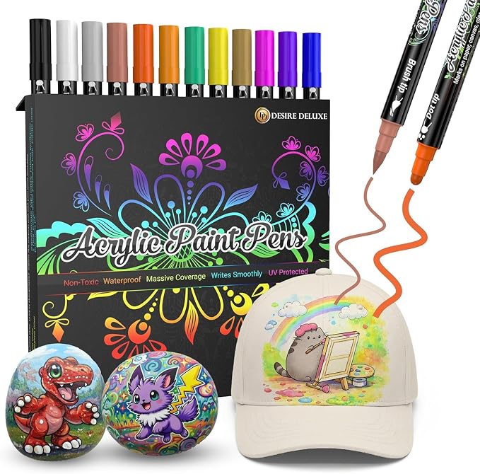 Desire Deluxe Acrylic Paint Pens for Rock Painting, Stone, Ceramic, Glass, Wood, Canvas – Set of 12 Non Toxic Water Based Markers - Great Artists Painting Supplies (Dual Tip Multicolor, 12)
