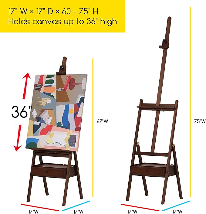 MEEDEN Studio H-Frame Easel with Art Supply Storage Drawer - Adjustable (60"~75") Solid Beech Wood Easel Stand for Artists, Students and Adults, Holds Canvas Art up to 36" - Walnut