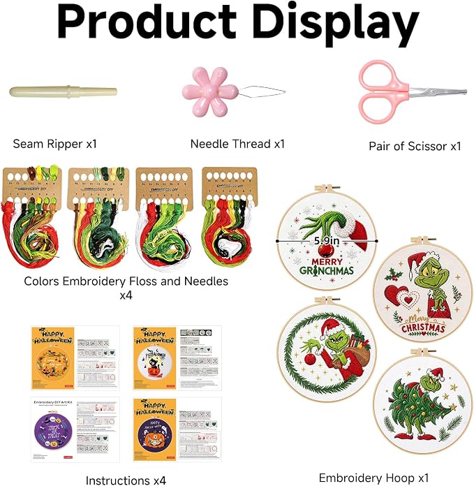 BBLYBD Christmas Embroidery Kit, 4 Set Embroidery Starter Kit, Cross Stitch Kits with Pre-Printed Embroidery Fabric, Hoops, Step-by-Step Instructions, Color Threads & Needles (Christmas02-4 Set)