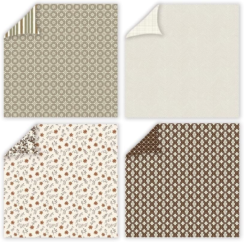 12x12 Patterned Scrapbook Paper ,24 Sheets Double-Sided Bohemian Floral Patterned CardStock Paper Pad Boho Tone Decorative Craft Papers for Holiday Cardmaking DIY Junk Journaling Origami Papers.