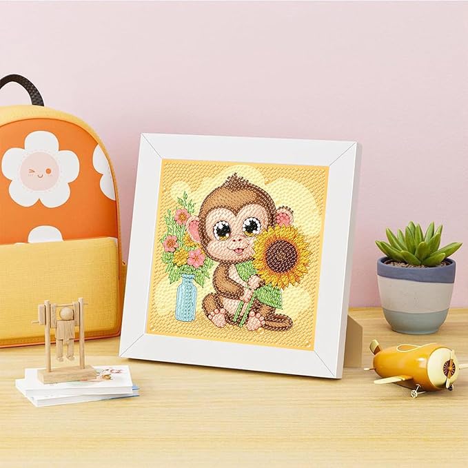 ajepon Monkey Diamond Art Kits for Kids with Frame, Animal Diamond Art for Kids Ages 8-12, Monkeys Diamond Painting Kits for Kid with Beautiful Package for Gift Home Wall Decor (7x7inch)