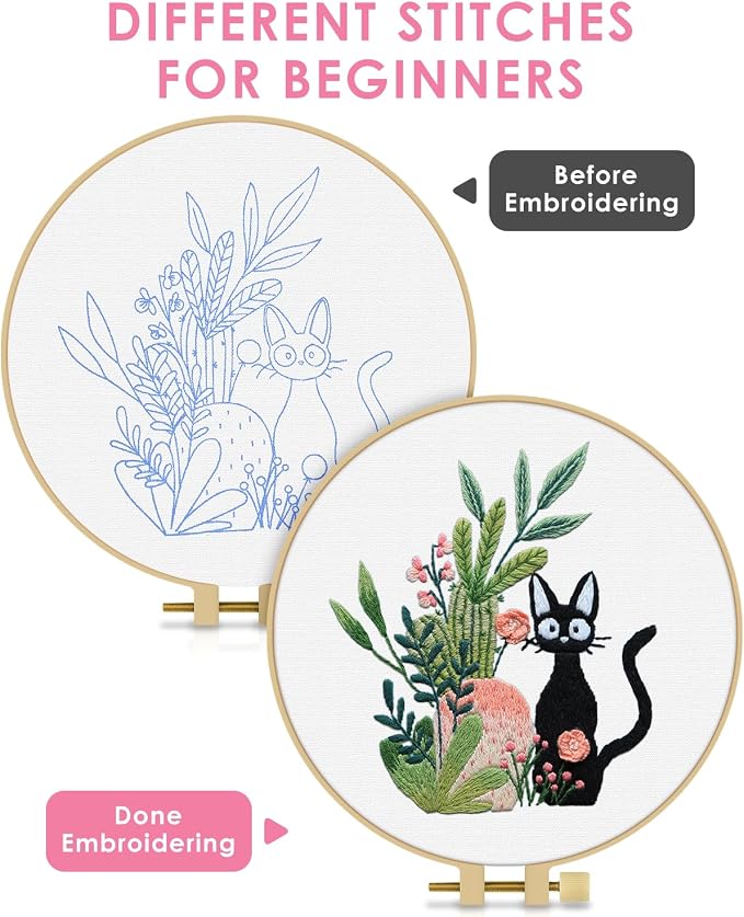 TINDTOP Embroidery Kit for Beginners Adult, Cat Embroidery Kit | Include Embroidery Cloth Hoops Threads for Craft Lover Hand Stitch with Embroidery Skill Techniques
