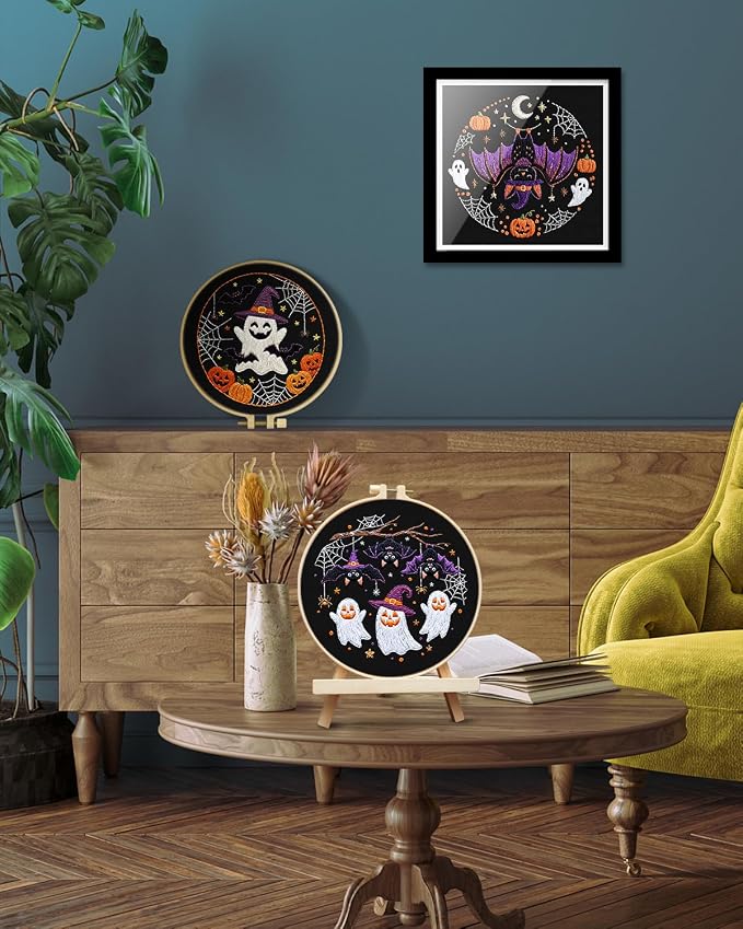 TINDTOP Halloween Embroidery Kit for Adult, 3 Pack Embroidery DIY Starter Kit, with Stamped Patterns, Hoop, Tools, Colorful Threads with Needles, Instructions