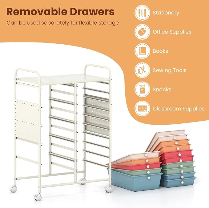 Giantex 15 Drawer Storage Cart, Rolling Craft Cart with Metal Tabletop & Pegboard, Mobile Utility Organizer Trolley with Locking Wheels, Home Office, Classroom, Teacher Supplies, Macaron Multicolor