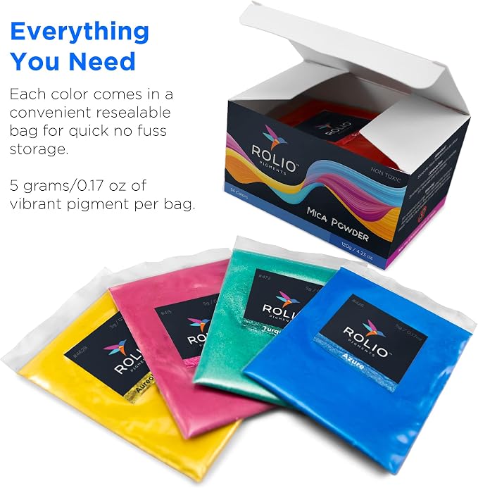 Rolio - Mica Powder Color Pigment Set - Original Set, 5g, 24 Bags | Pearlescent Color Pigments for Epoxy Resin, Soap Making, Candles, Slime, Nail Art, Paint, and DIY Crafts