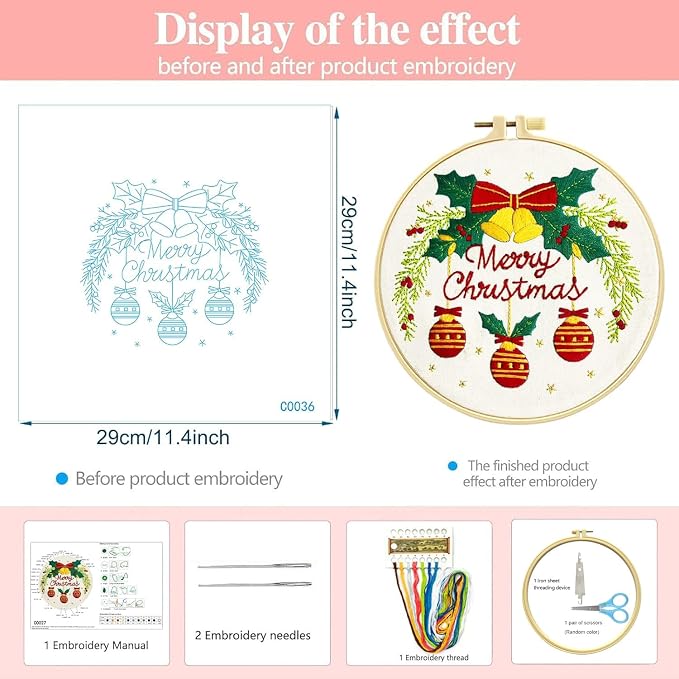 Zhenqing Merry Christmas Embroidery Kit for Beginners, Red Bells and Ornaments Craft Set with 20cm Hoop, Printed Design on 29x29cm Cotton Fabric, DIY Holiday Wall Art (C0036)