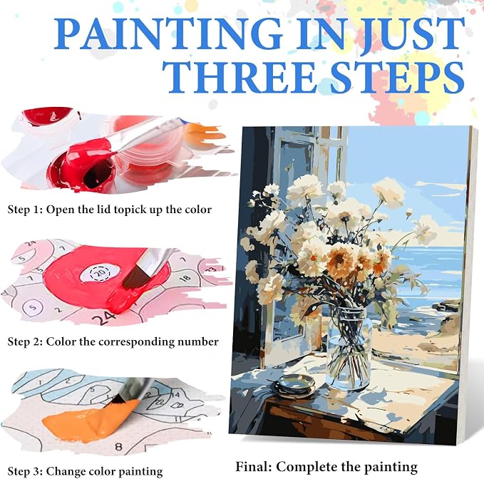 PRASIO Framed Paint by Numbers Kit for Adults Beginner, Flowers Adult Paint by Number Kits on Canvas Framed, DIY Acrylic Watercolor Oil Paint by Numbers with Frame for Gift Home Decor 16x20 Inch