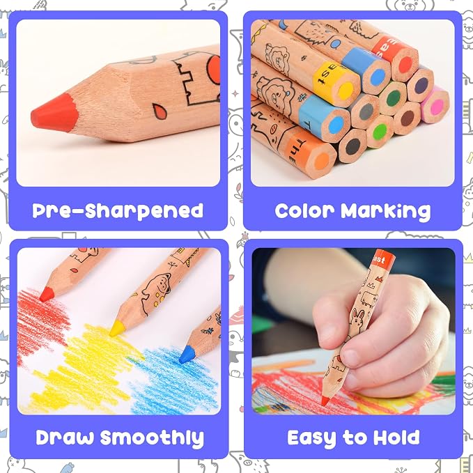 ThEast Toddlers Colored Pencils, Art Supplies for Children, 12 Color Pencils for Kids, Cute Animal Toddler Crayons Drawing Pencil with Sharpener(Pack of 1)