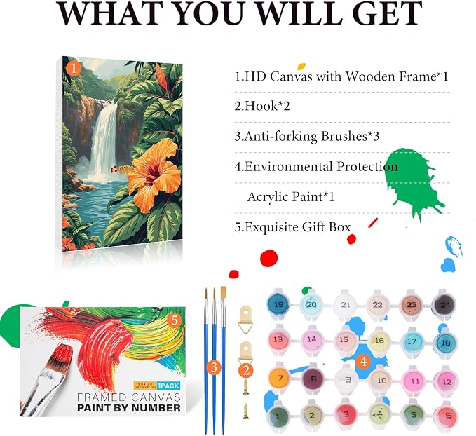 Fountor Framed Paint by Numbers Kit for Adults Beginner & Kids Ages 8-12, Landscape Paint by Number with Frame, Acrylic Flower Painting by Numbers Kit on Canvas 8x12 inch