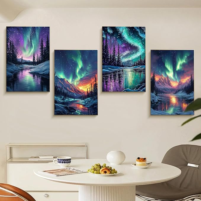 4 Pack Framed Paint by Numbers Kit for Adults Aurora with Wooden Easel | With Frame Canvas 8x12 IN, For Adults Beginner, DIY Acrylic Painting, Stress Relief Craft Kits, Home Wall Decor Gift