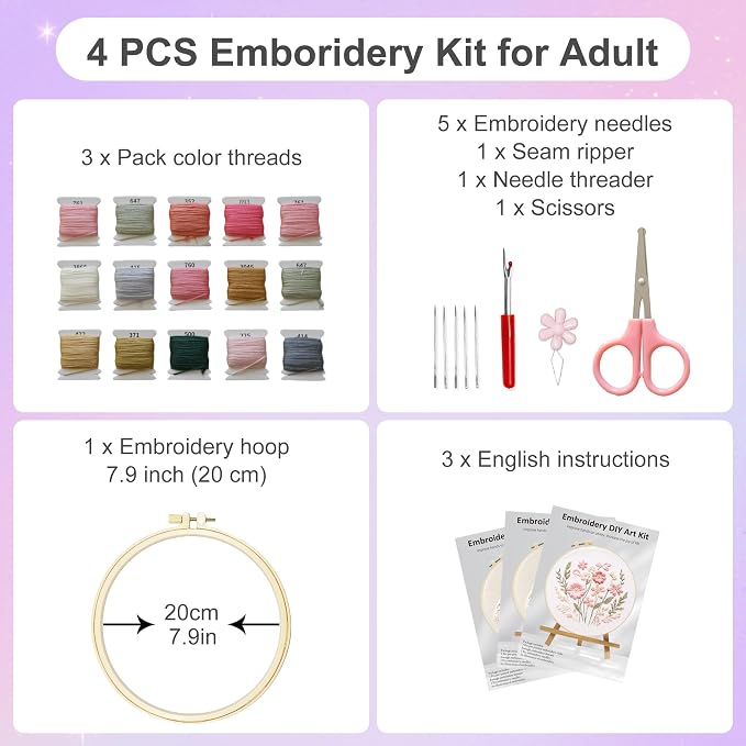 Huacan Embroidery Kit for Beginners with Tutorial Video & Gift Box | DIY Pre-printed Floral Patterns, 7.9×7.9 inch Fabric, Complete Embroidery Supplies with Gift Box for Starters & Craft Lovers