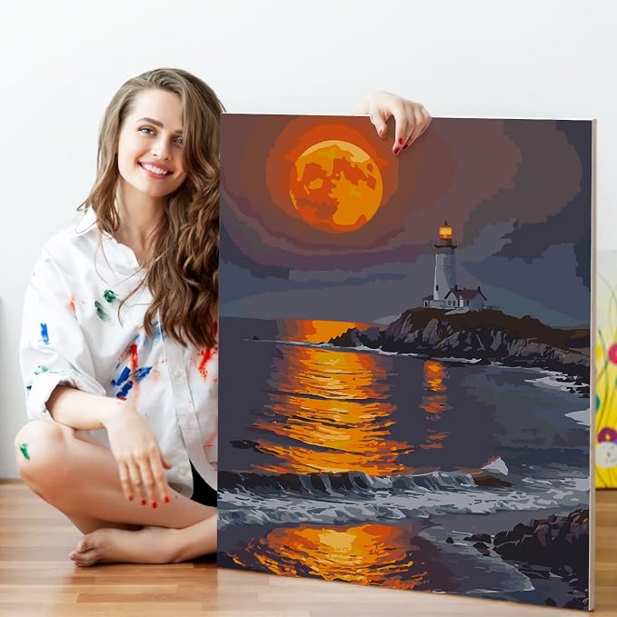 Fountor Moon Paint by Numbers Kit for Adults Beginner 16x20 Inch | DIY Acrylic Painting by Numbers Lighthouse, Without Frame Canvas, Stress Relief Craft Kits, For Home Decor Gift