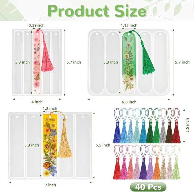 3 Pcs Bookmark Silicone Molds, Rectangle Bookmarks Molds with 40 Pcs Tassels, Bookmarks Resin Mold for DIY Home Decoration, Art Crafts, Birthday Gifts (Bookmark)
