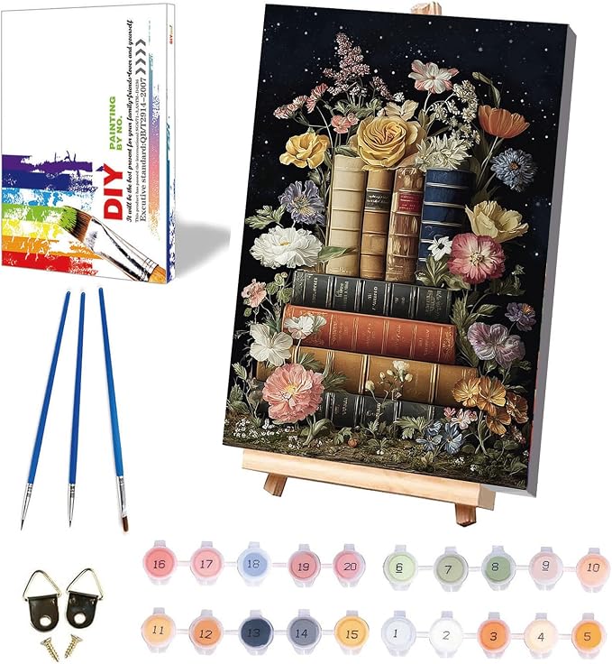 xackcme Book Paint by Numbers for Adults with Framed Canvas 8x12 inch | Flowers Paint by Number on Canvas, DIY Books Acrylic Oil Painting Kits with Brushes Wooden Easel for Home Wall Decor