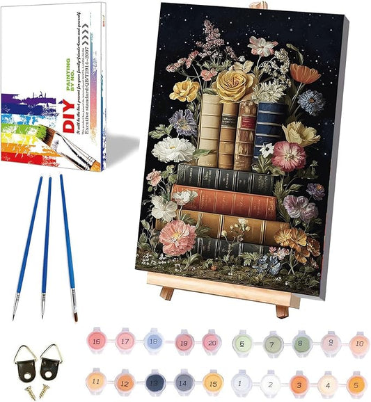 xackcme Book Paint by Numbers for Adults with Framed Canvas 8x12 inch | Flowers Paint by Number on Canvas, DIY Books Acrylic Oil Painting Kits with Brushes Wooden Easel for Home Wall Decor