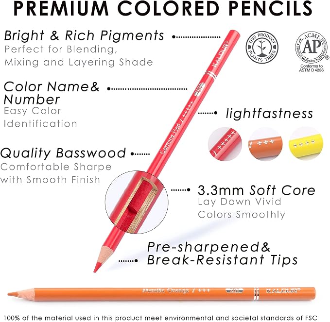 KALOUR Premium Colored Pencils,Set of 72 Colors,Artists Soft Core with Vibrant Color,Include 7 Metallic Color Pencils,Ideal for Drawing Sketching Shading,Coloring Pencils for Adults Beginners