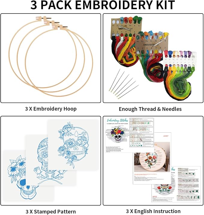 Nuberlic 3 Pack Embroidery Kit for Beginners, Halloween Skull Cross Stitch