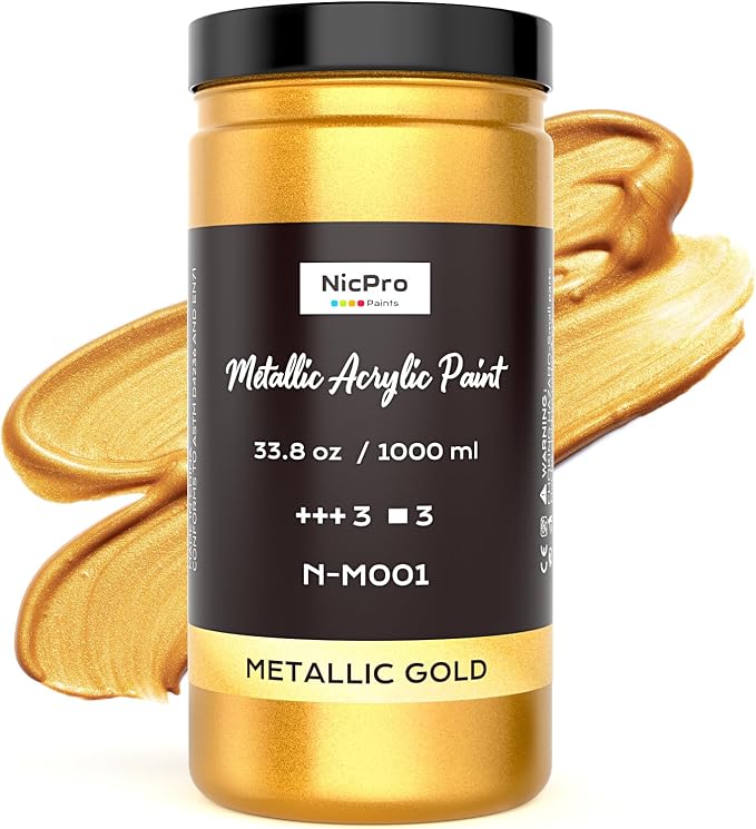 Nicpro Acrylic Paint Metallic Gold, 33.8oz/1000ml Large Gold Leaf Paint | Non Toxic, Non Fading for Art Painting, Handcrafts, Ideal for Multi-surface, Canvas, Wood, Clay, Fabric, Metal, Furniture