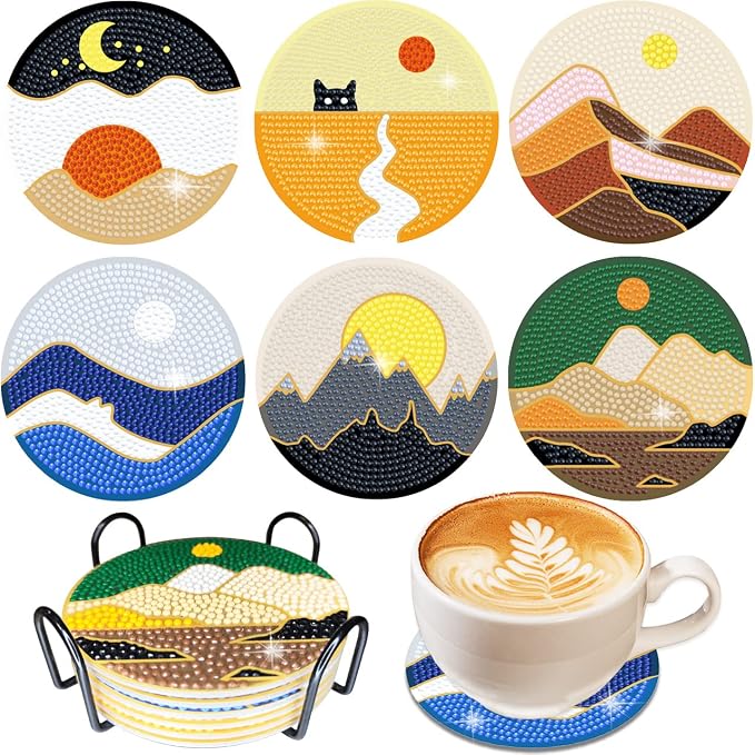 Vcekract 6 Pcs Abstract Landscape Diamond Art Coasters Kit for Adults | Diamond Painting Coasters with Holder & Protective Backing, Diamond Art Adult Crafts for Table Home Decoration