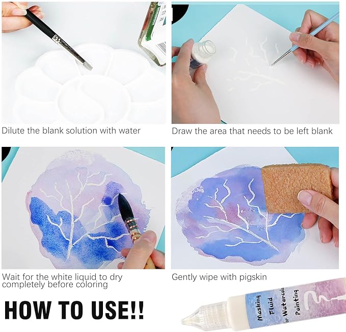 100ml Blue Watercolor Masking Fluid - Professional Art Supplies with Brush & Eraser for Artists, Painting Medium Pen