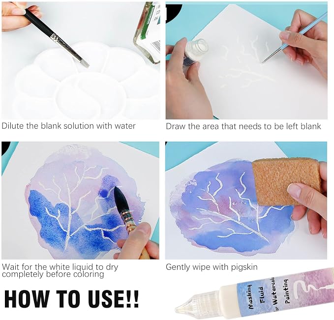 White Watercolor Masking Fluid - Professional Art Supplies with Brush & Eraser for Artists, Painting Medium Pen