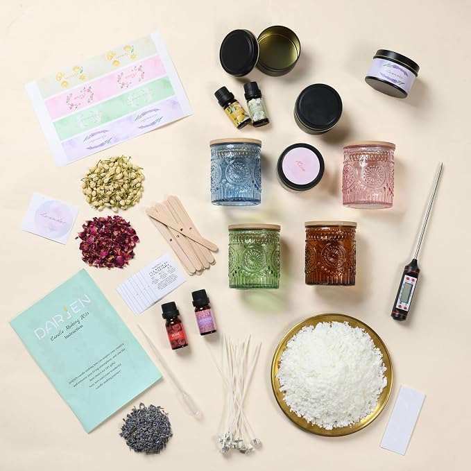 DARJEN Candle Making Kit for Adults, 8 Jars & Tins Soy Wax Scented DIY Set | 100% Soy Wax, 10oz Glass Jars, 4oz Tins, Cotton Wicks, Pleasant Scents, Instruction& More- Perfect as Home Decorations