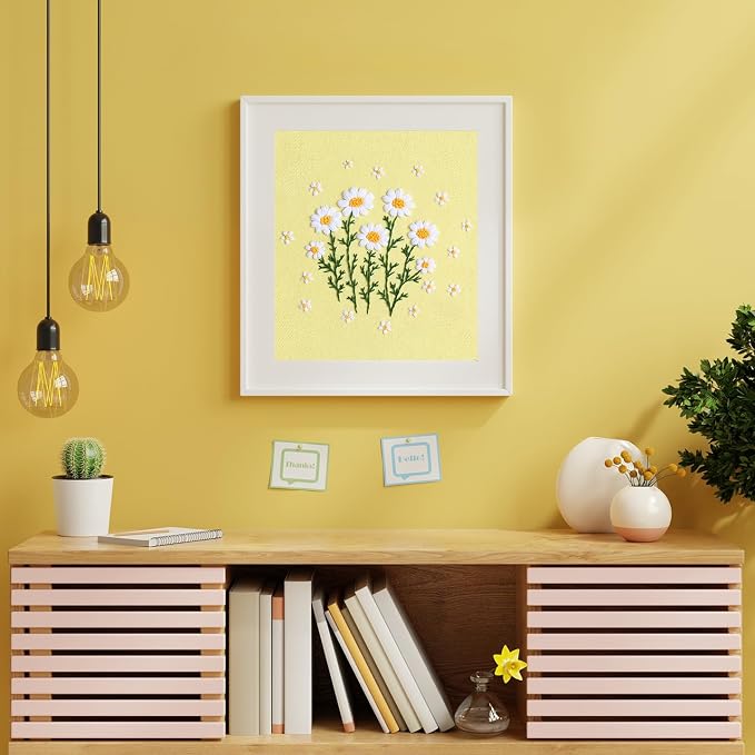 Louise Maelys Daisy Flower Embroidery Kit for Beginners, Floral Pattern | Complete Set Cross Stitch Kits Includes Hoop, Threads, Needles and Guide. Create Floral Crafts with DIY Needlepoint Kit