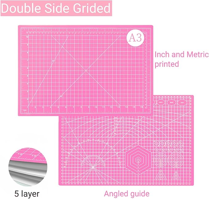 18"x12" Self Healing Cutting Mat, Sewing Mat for Crafts, Double Sided 5-Ply Table Cutting Board for Fabric Quilting Leather Modeling Hobby Project, Pink