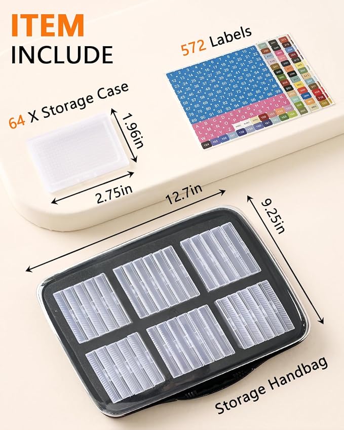 64 PCS Diamond Painting Storage Case, Bead Storage Containers with Lids & Label Stickers, Portable Diamond Art Organizer Box with Carrying Handle, Black